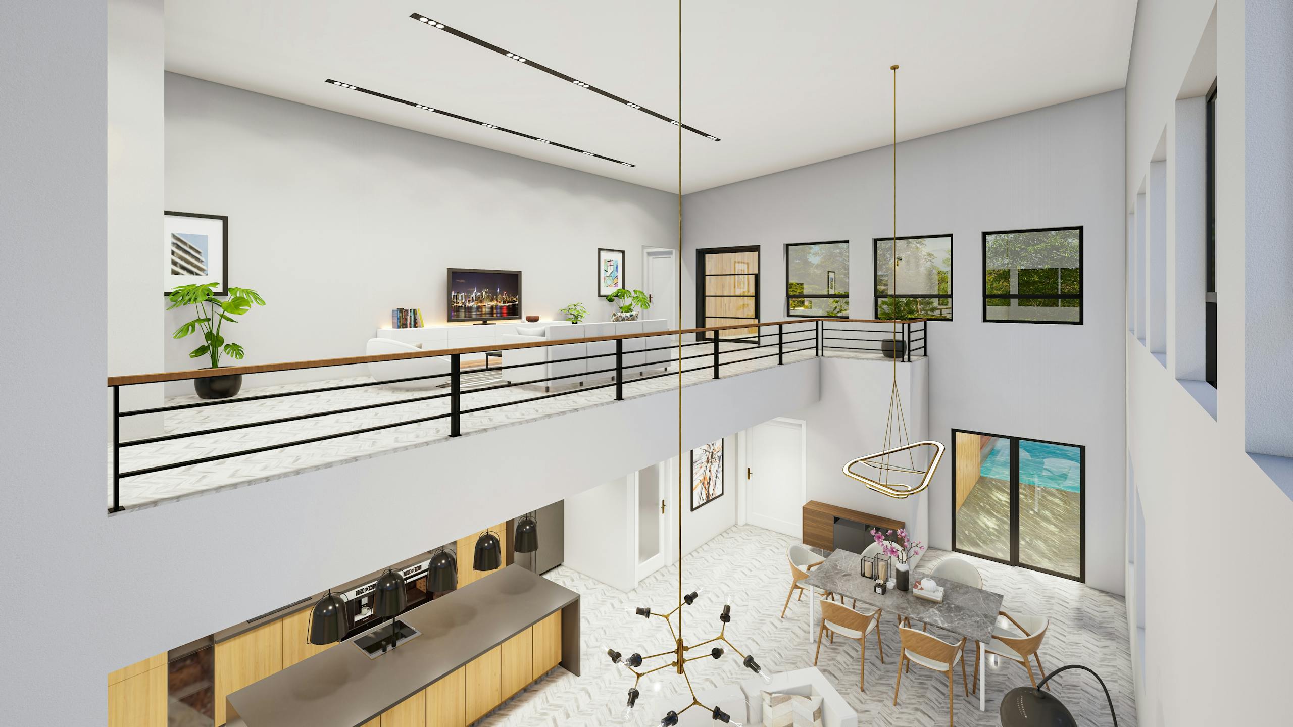 Spacious modern home interior with minimalist design and open balcony view.